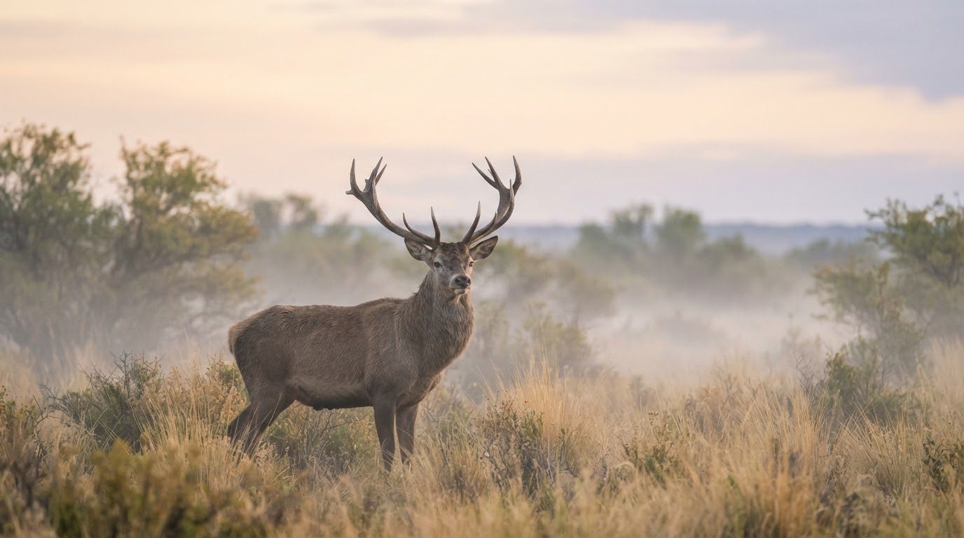 Red stag in the morning mist in a La Pampa woodland