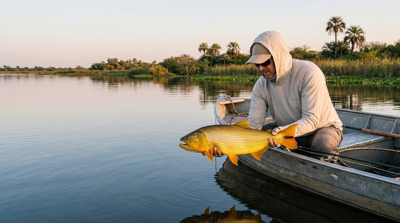 Angler holding a freshly caught golden dorado in a boat in northeastern Argentina
