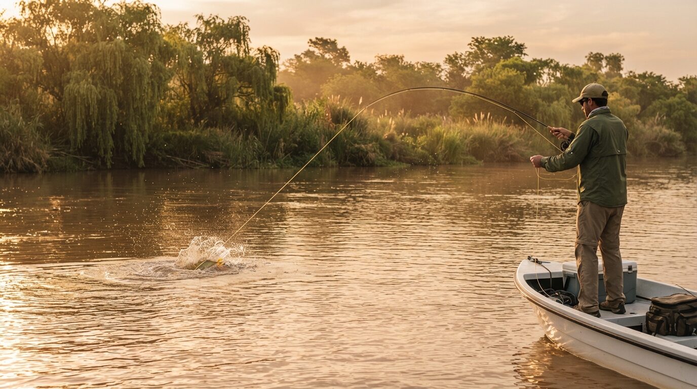 Fly angler fighting a leaping golden dorado on the San Javier river