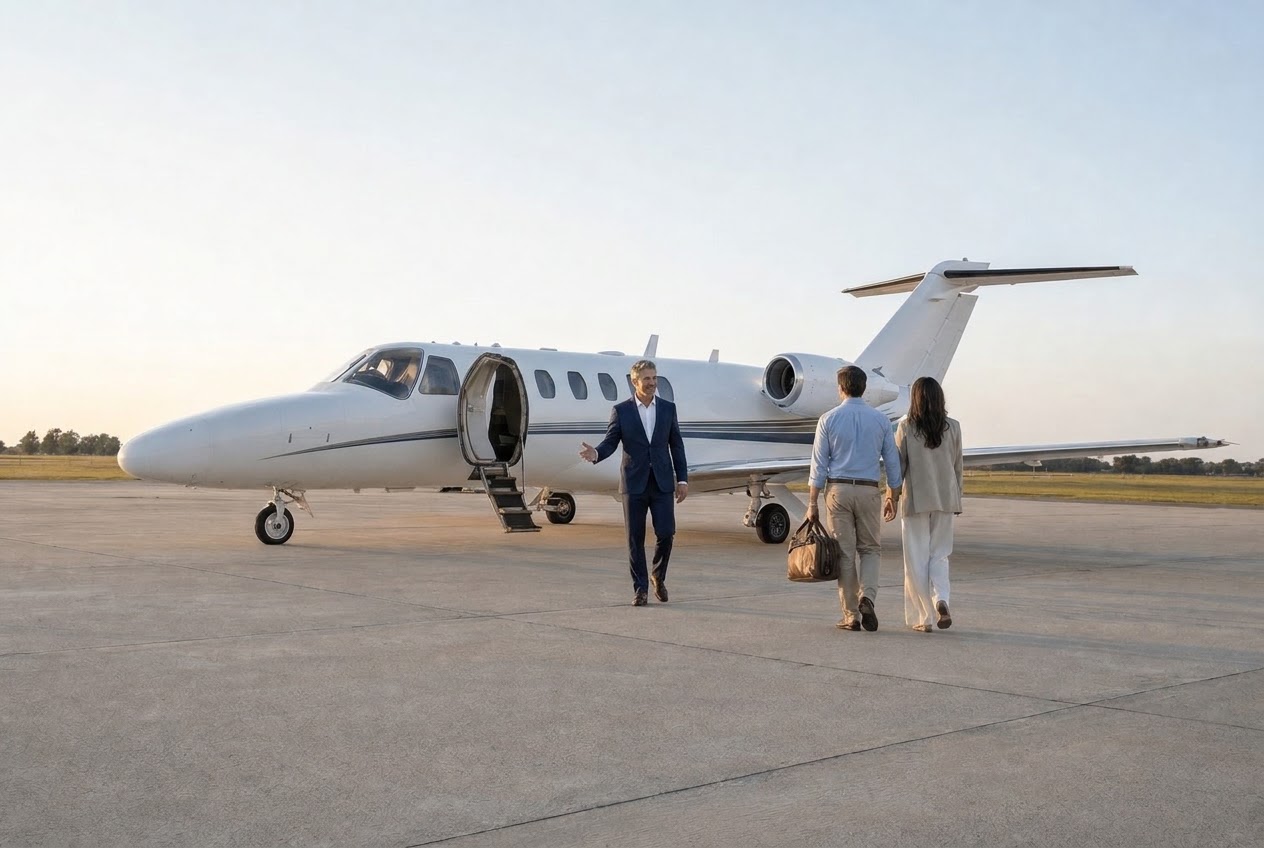 The broker greeting a couple beside a business jet