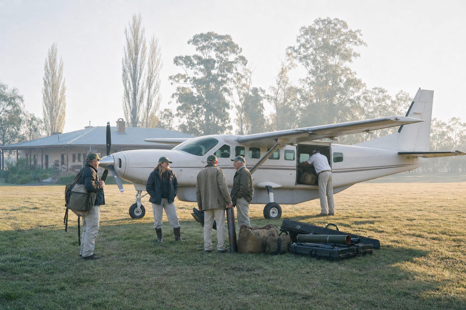 Hunting and fishing group with their gear beside a Cessna Grand Caravan on a lodge airstrip