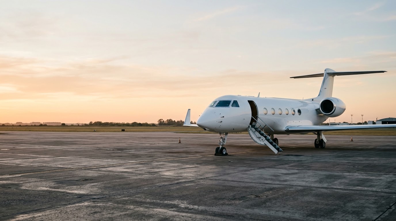 Private jet with its airstair down on the apron at sunset