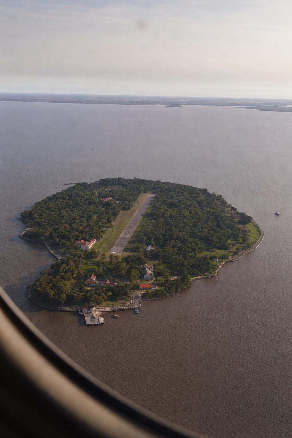 Martín García Island with its airstrip and pier, seen from the window