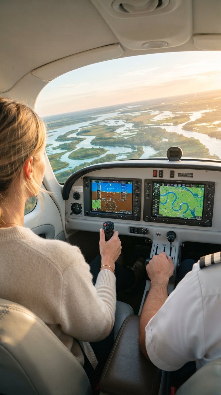 Passenger at the controls beside the instructor, banking over the Paraná Delta