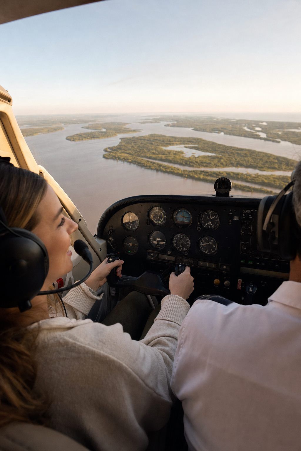 Passenger at the controls beside the instructor, over the Paraná Delta