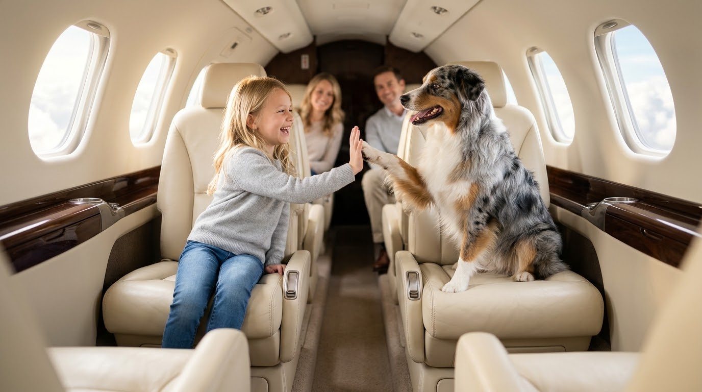 Girl high-fiving her Australian Shepherd in a jet cabin