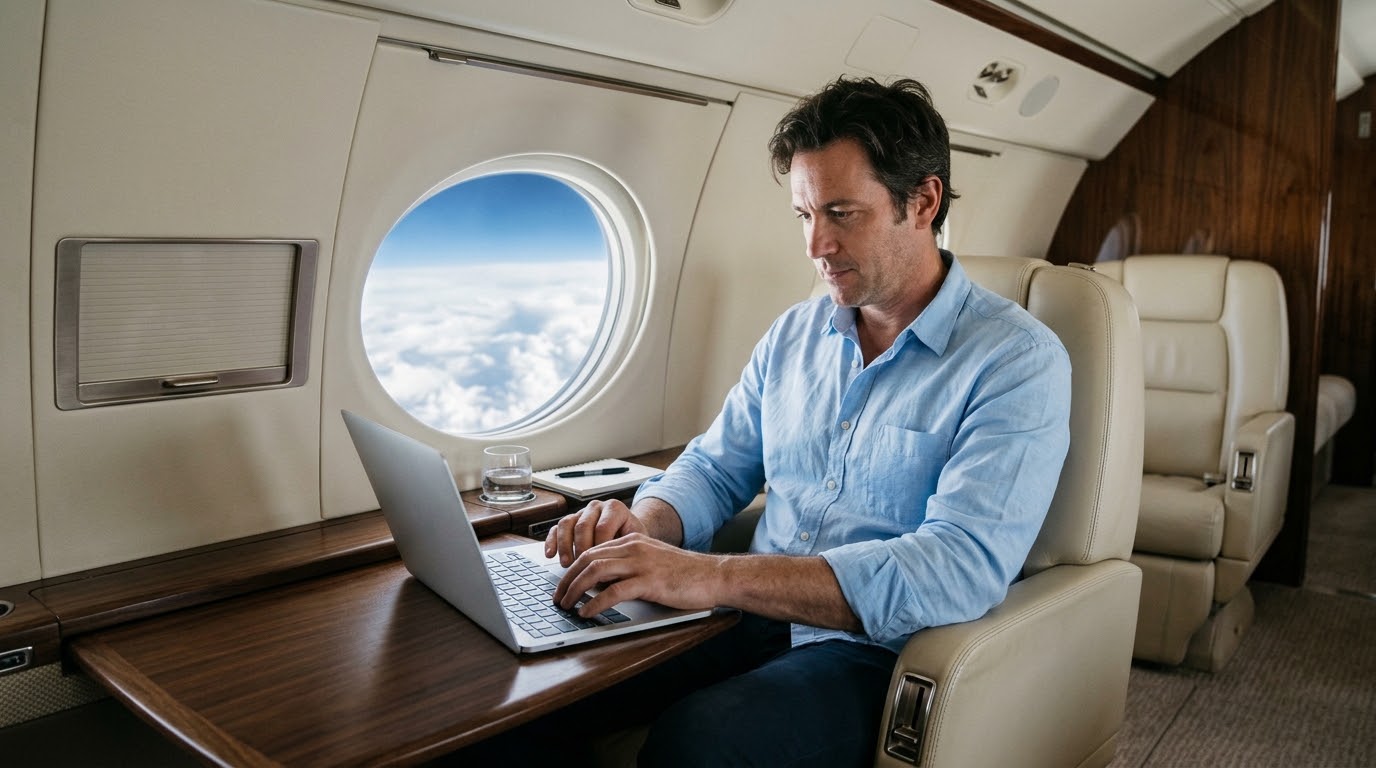 Passenger working on a laptop in a jet cabin in flight