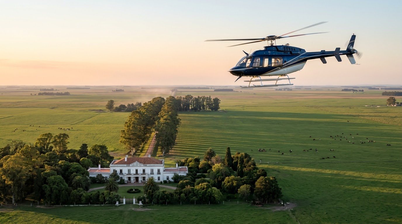 Bell 407 helicopter over an estancia in the Pampas