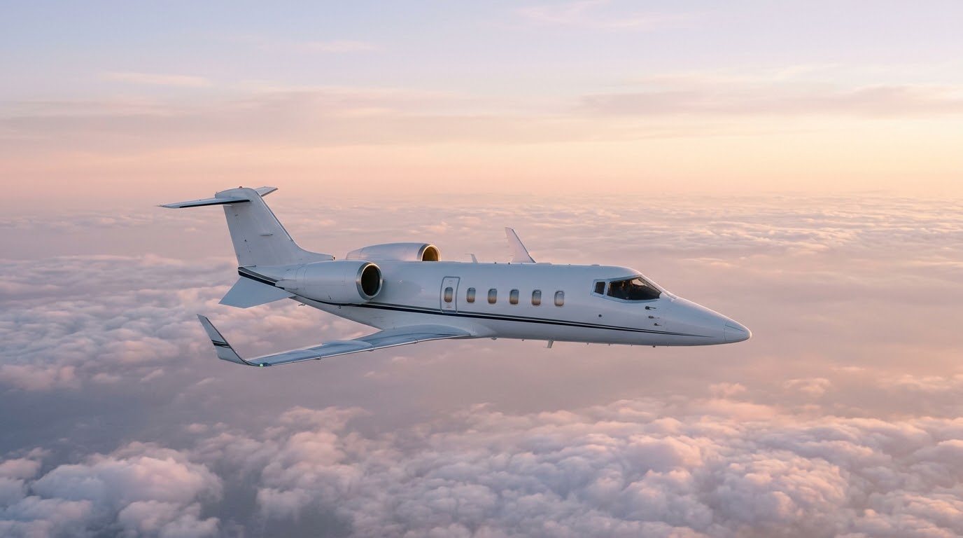 Learjet 60 above the clouds at sunset
